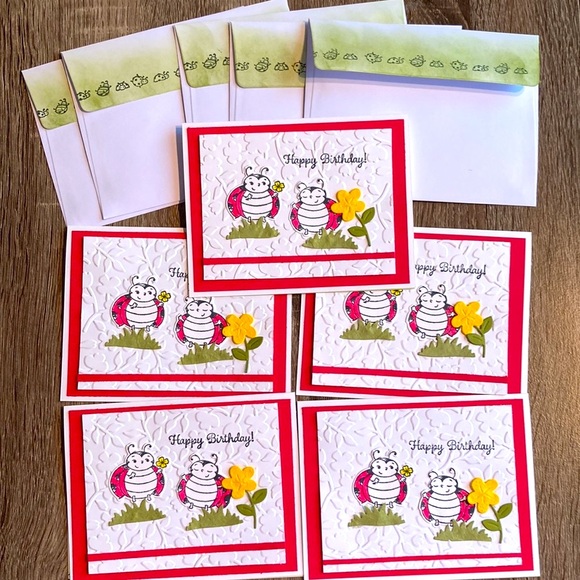 HandCrafted 5 pk Lady Bug Happy Birthday! Holiday Cards Blank Inside Envelope - Picture 1 of 8